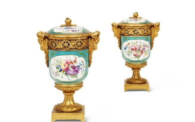 A PAIR OF ORMOLU MOUNTED SÈVRES STYLE POT-POURRI VASES AND COVERS