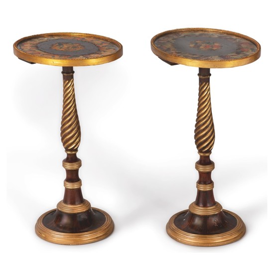 A PAIR OF REGENCY GRAINED AND PARCEL GILT CENTER TABLES, THE BASES 19TH CENTURY AND ADAPTED FROM POLE SCREENS
