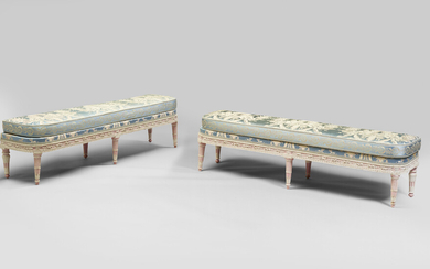A PAIR OF ROYAL LOUIS XVI WHITE AND ROSE-PAINTED BANQUETTES BY GEORGES JACOB, CIRCA 1785
