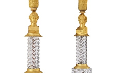 A PAIR OF RUSSIAN ORMOLU AND MOLDED GLASS CANDLESTICKS