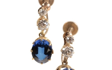A PAIR OF SAPPHIRE AND DIAMOND EARRINGS two graduated brilli...
