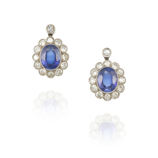 A PAIR OF SYNTHETIC SAPPHIRE AND DIAMOND EARRINGS