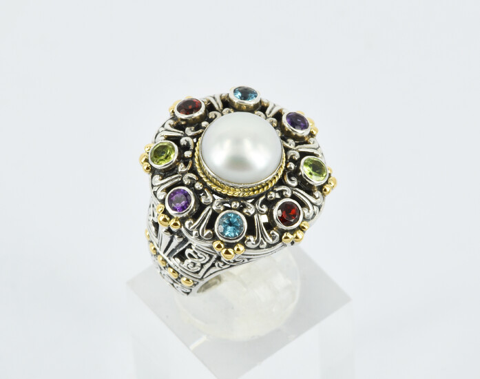A PEARL, MULTI GEMSTONE AND SILVER RING