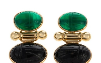 A Pair of 14K Scarab Earrings in Onyx & Chalcedony