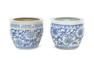 A Pair of Blue and White Porcelain Fish Bowls Height 15