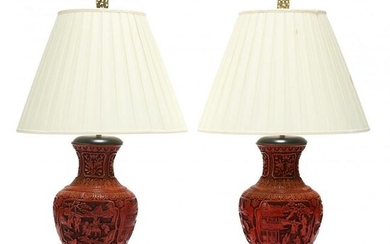 A Pair of Cinnabar Lacquer Style Vase Lamps