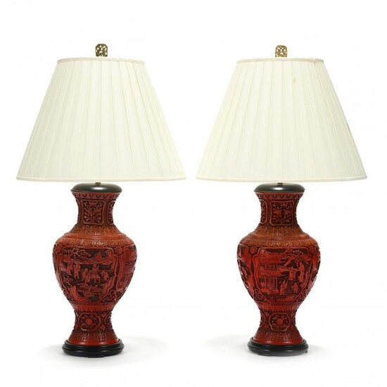A Pair of Cinnabar Lacquer Style Vase Lamps