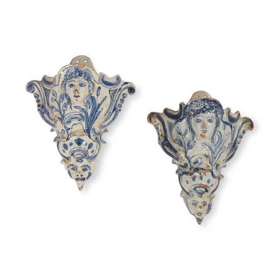 A Pair of English Delftware Blue and White Wall Pockets, Mid-18th Century