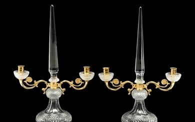A Pair of Gilt Metal and Cut Glass Obelisk Form