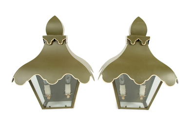A Pair of Green and White Tole Tent Lantern Two-Light Sconces