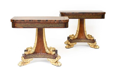 A Pair of Regency Rosewood, Crossbanded, Brass-Inlaid and Parcel Gilt...