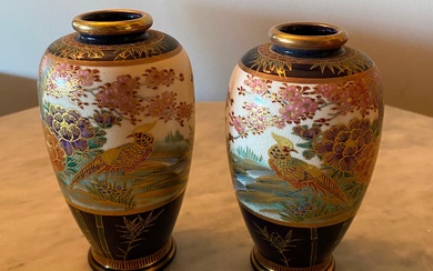 A Pair of Vintage Japanese Koshida Satsuma Bud Vases with Crackle Glaze, Bird & Sakura Motifs
