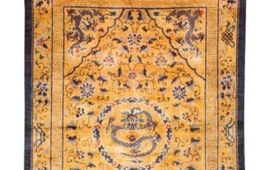 A RARE CHINESE IMPERIAL GOLD-GROUND SILK 'FIVE DRAGON' RUG LATE...