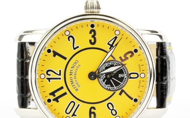 A Ritmo Mvndo Idea Italiana (no. 0141) chronographic wristwatch with yellow face and black leather strap.