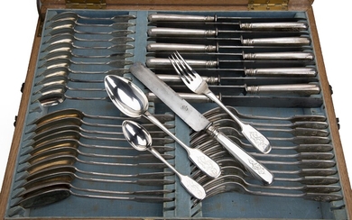 A Russian silver collection of flatware in wooden canteen