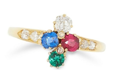 A SAPPHIRE, RUBY, EMERALD AND DIAMOND RING, set with a