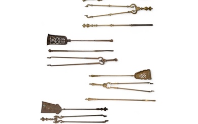 A SET OF 19TH CENTURY BRASS FIRE IRONS, two other sets and t...