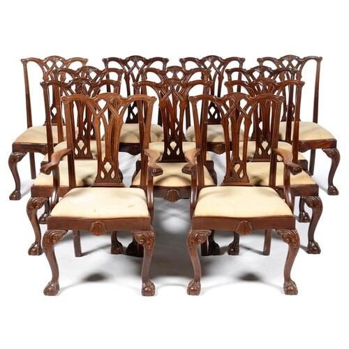 A SET OF TWELVE MAHOGANY DINING CHAIRS, 20TH C, WITH INTERLA...