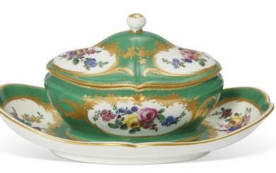 A SEVRES PORCELAIN GREEN-GROUND OVAL SUGAR-BOWL, COVER AND FIXED STAND...