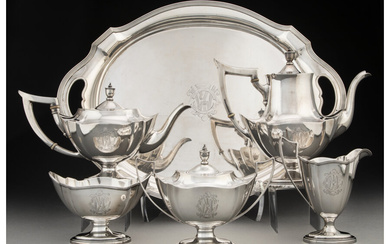 A Six-Piece Gorham Mfg. Co. Plymouth Pattern Silver Tea and Coffee Service Including tray (designed 1911)