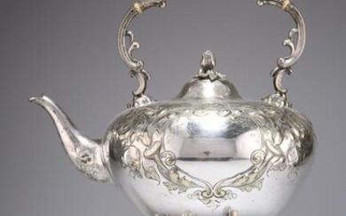 A VICTORIAN SILVER-PLATED SPIRIT KETTLE ON STAND
