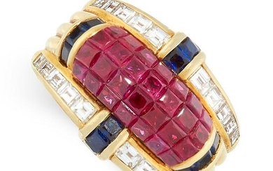 A VINTAGE RUBY, SAPPHIRE AND DIAMOND COCKTAIL RING