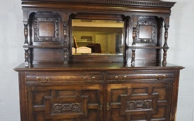 A Victorian Oak Mirror Back Side Board, With dentil cornice over a rectangular plate and an