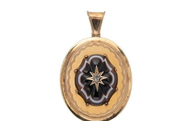 A Victorian agate and diamond set hinged locket, oval shaped with a central banded agate set with a