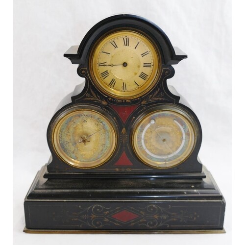 A Victorian black slate and agate set combination barometer ...