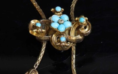 A Victorian gold turquoise forget-me-not lariat necklace, c.1840