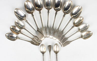 A Victorian part canteen of silver Fiddle pattern cutlery, comprising six tablespoons and five desse