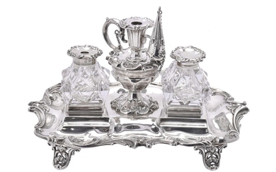 A Victorian silver shaped rectangular ink stand by Henry Wilkinson & Co.