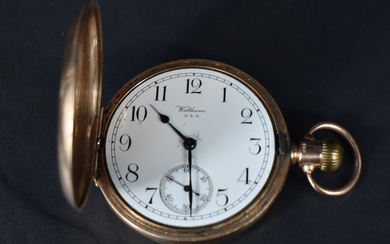 A Waltham U.S.A 9ct gold half hunter top wound pocket watch, the white dial with Arabic numerals and