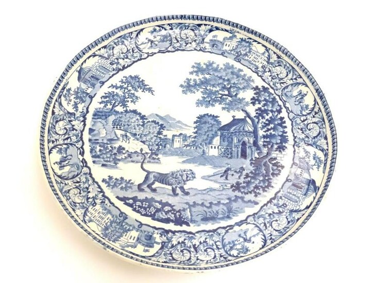 A blue and white pearlware cake stand decorated in the