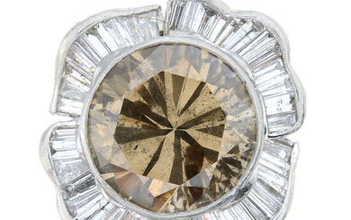 A 'brown' brilliant-cut diamond, and tapered baguette-cut diamond cluster ring.