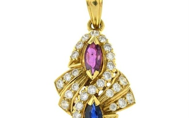 A brilliant-cut diamond, ruby and sapphire pendant.