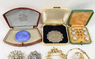 A circular silver and powder blue guilloche enamel brooch, B...