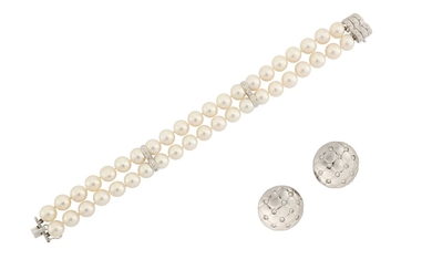 A cultured pearl and diamond bracelet and a pair of diamond-set earrings