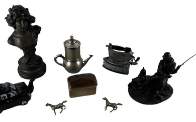 A group of collectors' items including two cast iron kettles,...