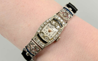 A mid 20th century platinum enamel and diamond cocktail watch, with later leather strap.