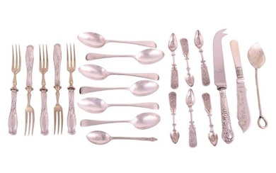 A mixed collection of flatware; six Old English dessert spoons by John Round & Son Ltd, Sheffiel