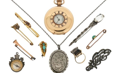 A mixed group of jewellery including a gold-plated...