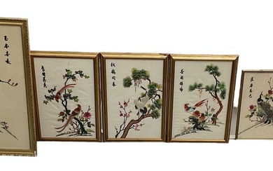 A modern Chinese embroidery of a bird amongst foliage, four...