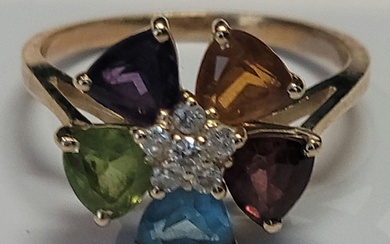 A multicolor semi-precious stones and diamond ring in 14k yellow...