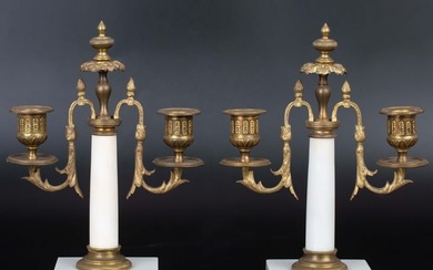 A pair of Antique Marble and Bronze Ormolu Candlesticks, Brass Candelabras in the Louis XVI