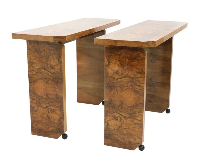 A pair of Art Deco burr walnut-style console tables