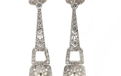 A pair of Austrian Art Deco style cultured freshwater pearl and diamond drop earrings