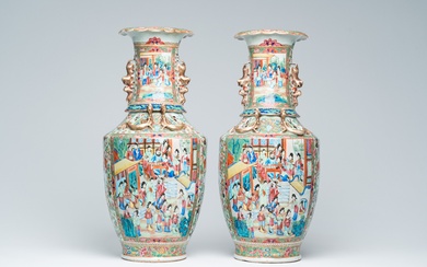 A pair of Chinese Canton famille rose vases with palace scenes, floral design and Buddhist...