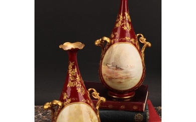 A pair of Doulton Burslem two handled pedestal bottle vases,...