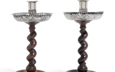 A pair of Dutch silver-mounted wood candlesticks, Jacobus Kelder, Leiden, 1788